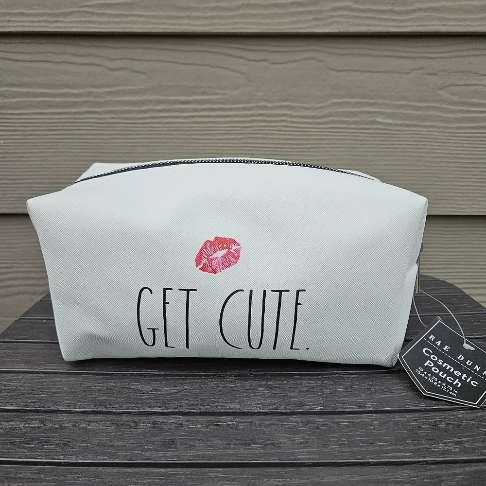 NEW! Rae Dunn “GET CUTE” Cosmetics Makeup Case Bag Pouch White Red Kiss Lips